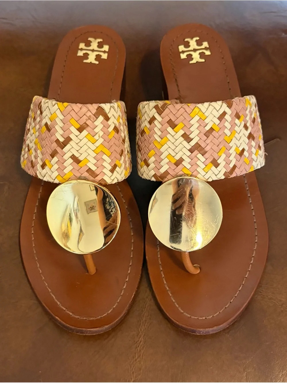 Tory Burch PATOS DISK MID-HEEL SANDAL Woven Neutral Pink Gold Accent size 8